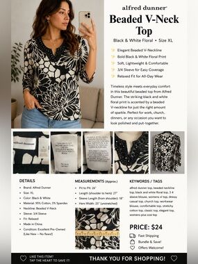 Alfred Dunner Black and White Floral Beaded V-Neck Tunic